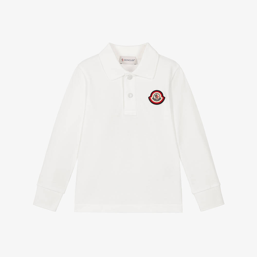 Moncler Enfant-Boys White Cotton Piqué Polo Shirt with Long Sleeves | Childrensalon