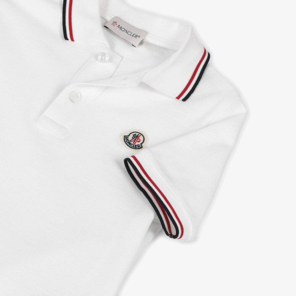 Moncler Enfant-Boys White Cotton Piqué Polo Shirt with Tricolour Trim | Childrensalon