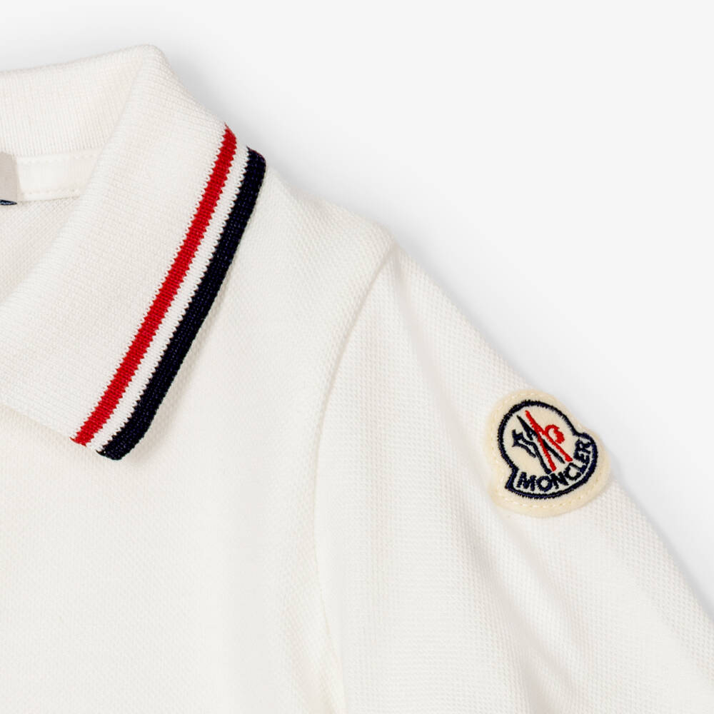 Moncler Enfant-Boys White Cotton Piqué Romper with Tricolour Trims | Childrensalon