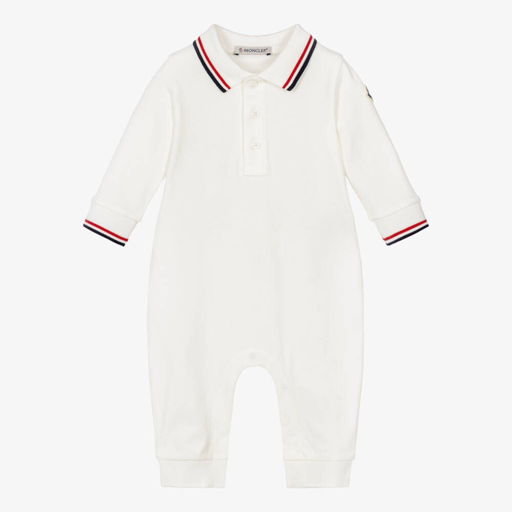 Moncler Enfant-Boys White Cotton Piqué Romper with Tricolour Trims | Childrensalon