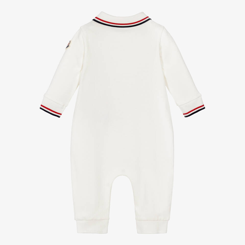 Moncler Enfant-Boys White Cotton Piqué Romper with Tricolour Trims | Childrensalon