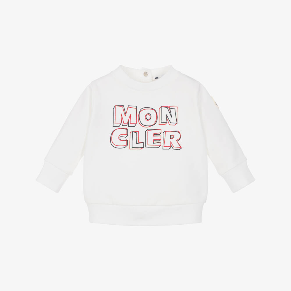 Moncler Enfant-Boys White Cotton Sweatshirt with Red & Blue Logo Print | Childrensalon