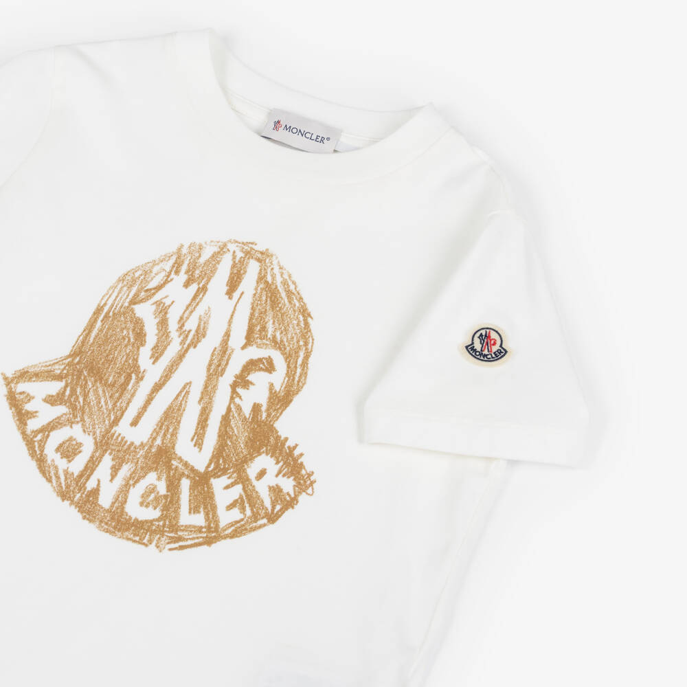 Moncler Enfant-Boys White Cotton T-Shirt with Beige Logo Print | Childrensalon