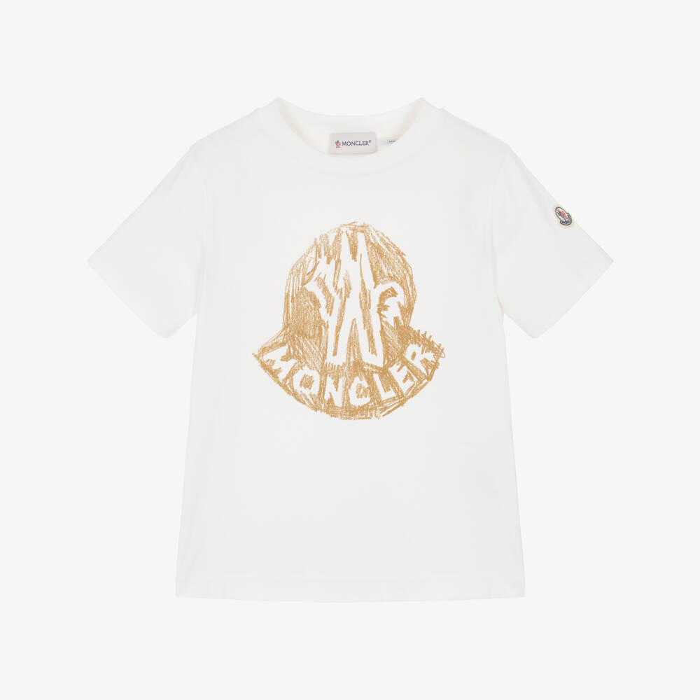 Moncler Enfant-Boys White Cotton T-Shirt with Beige Logo Print | Childrensalon