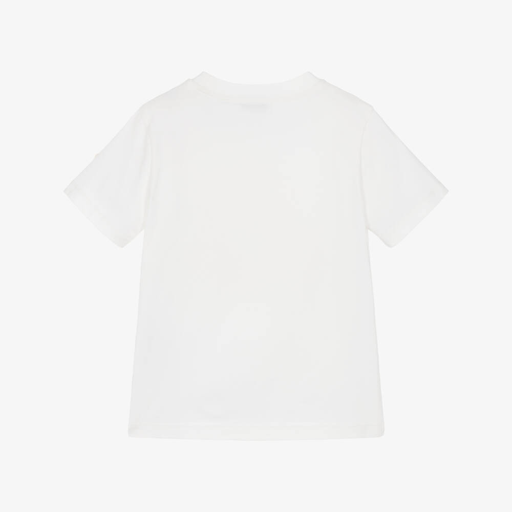 Moncler Enfant-Boys White Cotton T-Shirt with Beige Logo Print | Childrensalon