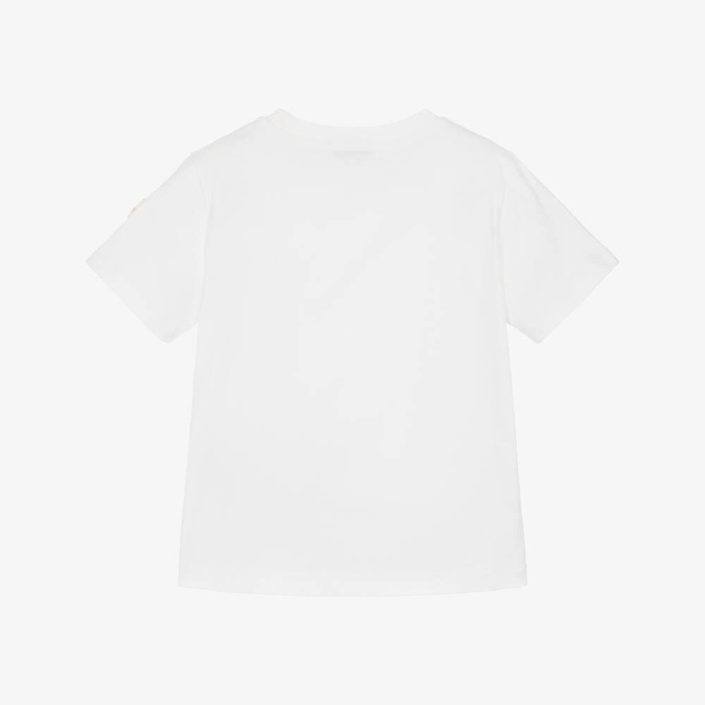 Moncler Enfant-Boys White Cotton T-Shirt with Red & Blue Logo Print | Childrensalon