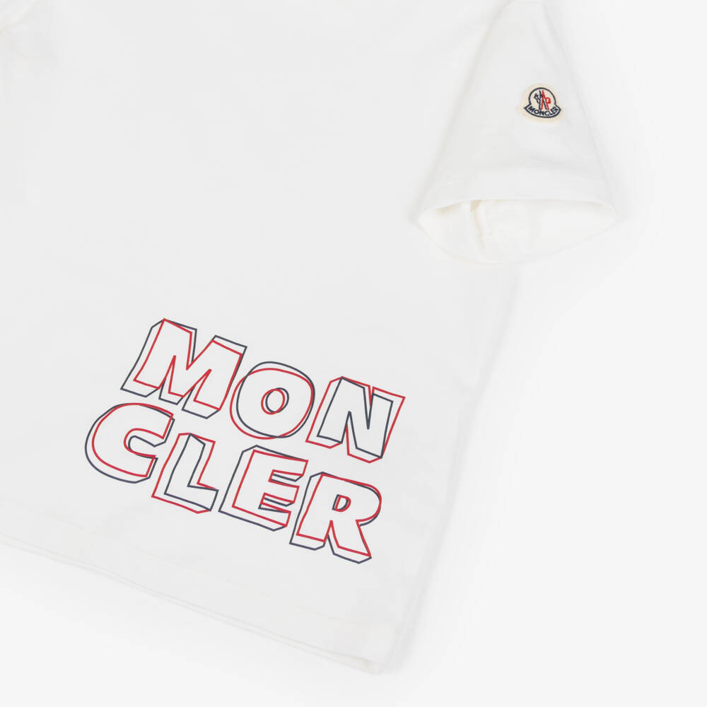 Moncler Enfant-Boys White Cotton T-Shirt with Red & Blue Logo Print | Childrensalon
