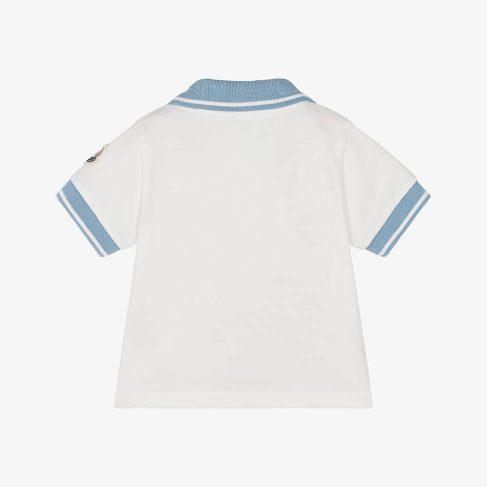 Moncler Enfant-Boys White Piqué Polo Shirt with Blue Trims | Childrensalon