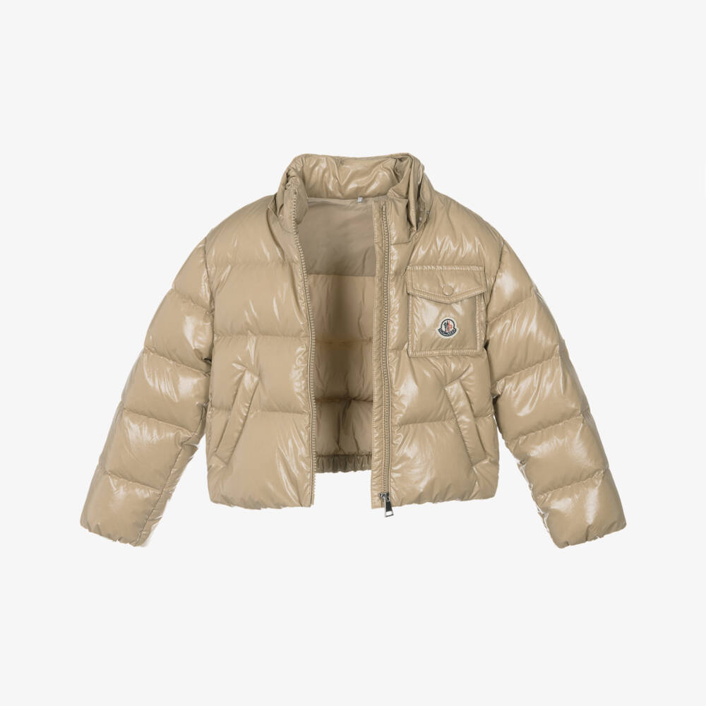 Moncler Enfant-Girls Beige Andro Puffer Jacket with Felt Logo Patch | Childrensalon