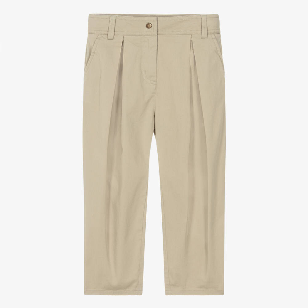 Moncler Enfant-Girls Beige Cotton Twill Pleated Trousers | Childrensalon