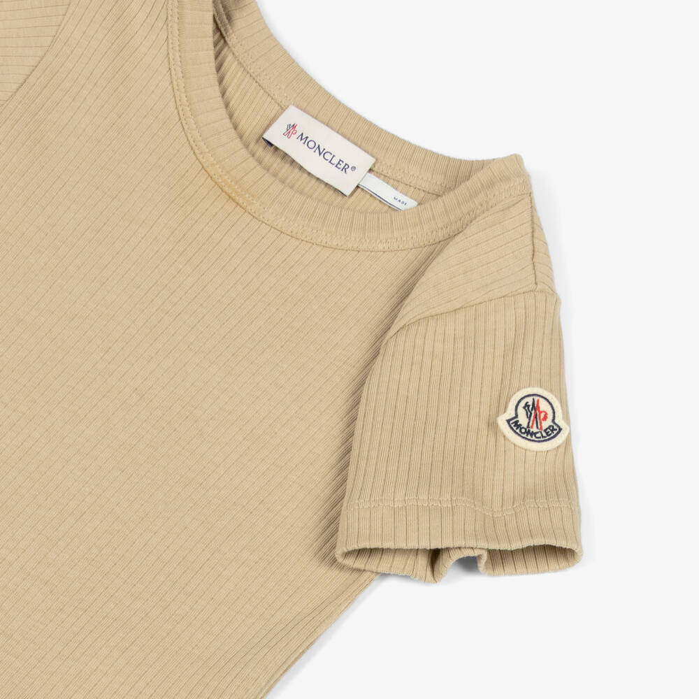 Moncler Enfant-Girls Beige Ribbed Jersey & Cotton Twill Belted Dress | Childrensalon