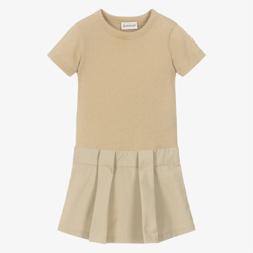 Moncler Enfant-Girls Beige Ribbed Jersey & Cotton Twill Belted Dress | Childrensalon