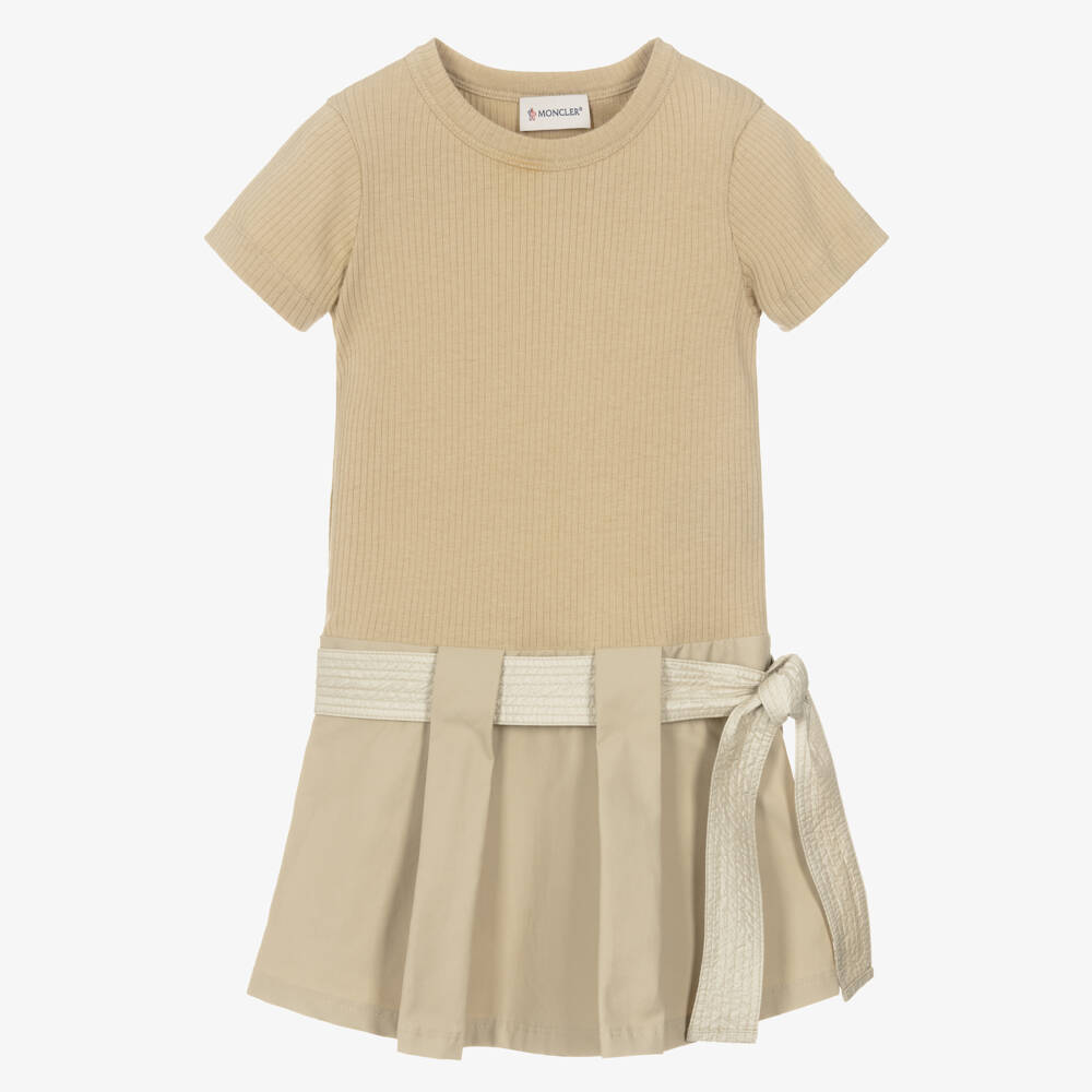 Moncler Enfant-Girls Beige Ribbed Jersey & Cotton Twill Belted Dress | Childrensalon