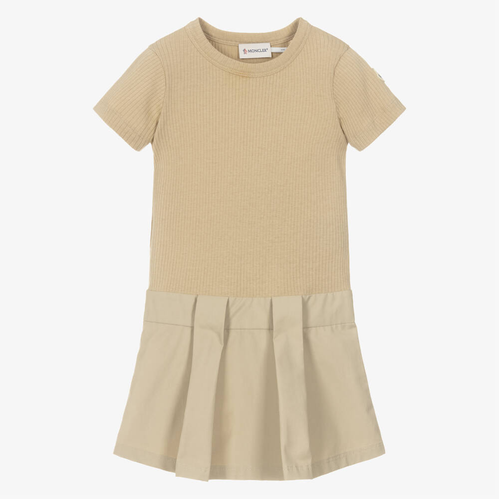 Moncler Enfant-Girls Beige Ribbed Jersey & Cotton Twill Belted Dress | Childrensalon