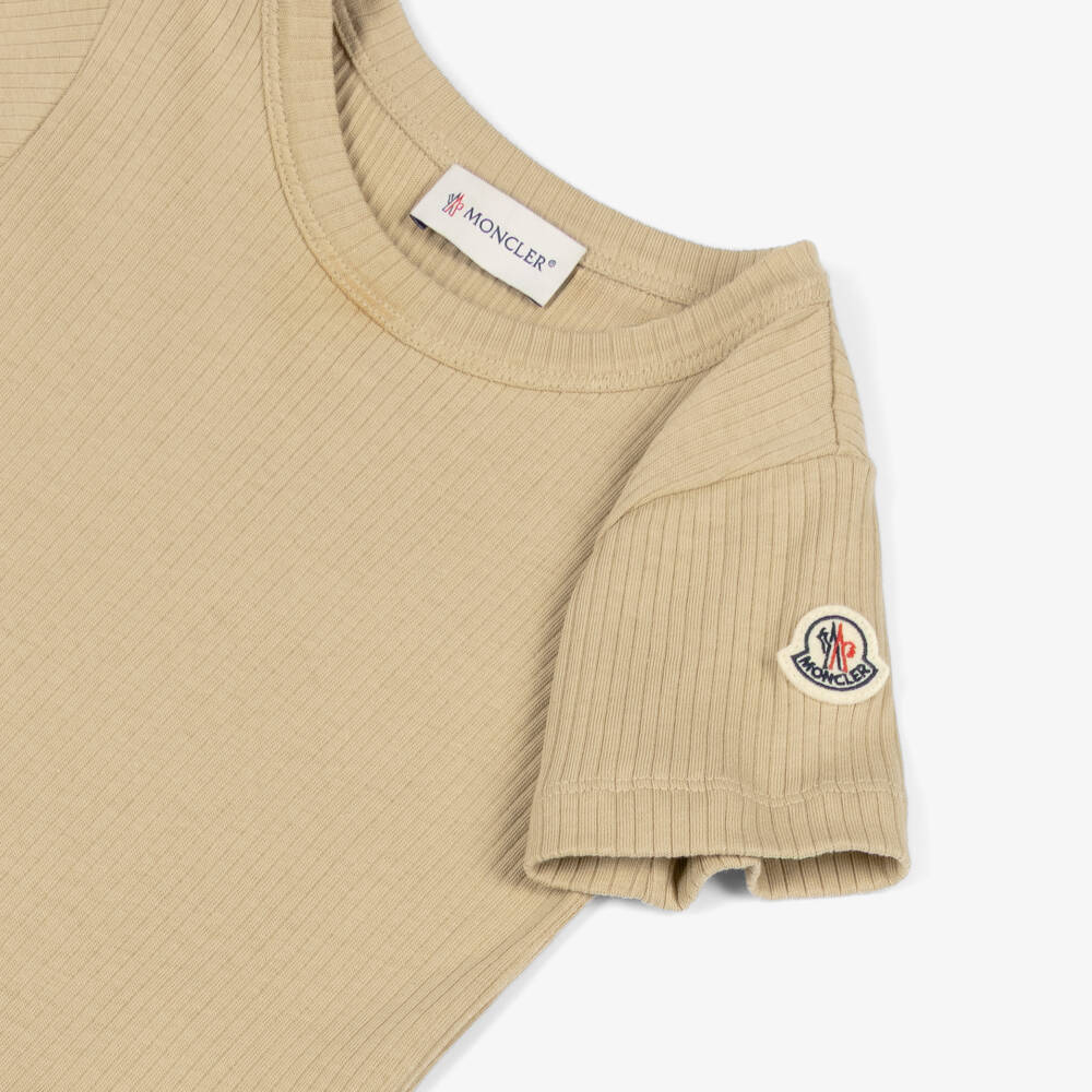 Moncler Enfant-Girls Beige Ribbed Jersey & Cotton Twill Belted Dress | Childrensalon
