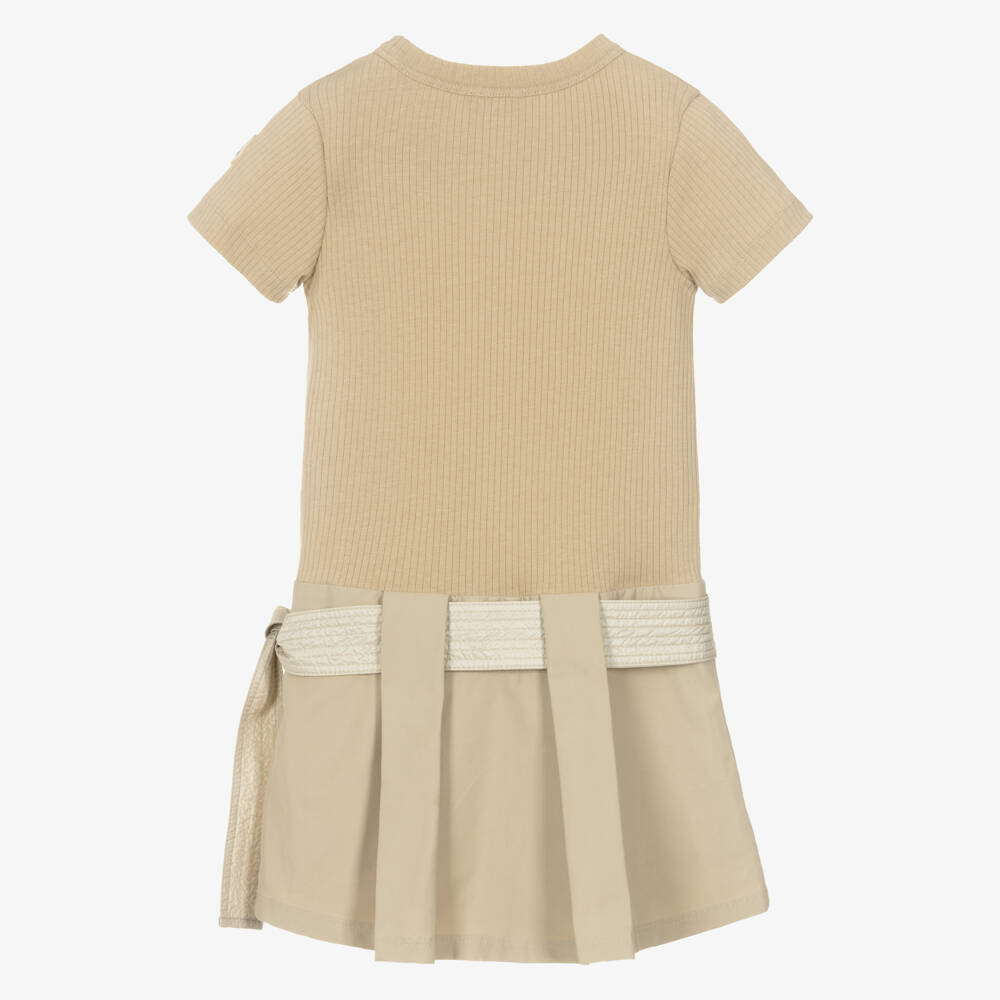 Moncler Enfant-Girls Beige Ribbed Jersey & Cotton Twill Belted Dress | Childrensalon