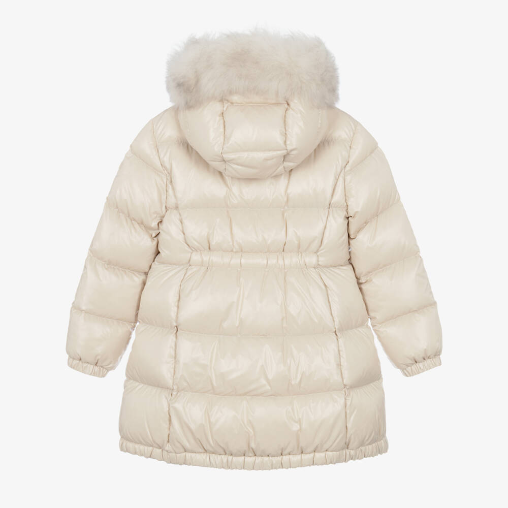 Moncler Enfant-Girls Beige Shearling-Trimmed Hooded Down Coat | Childrensalon