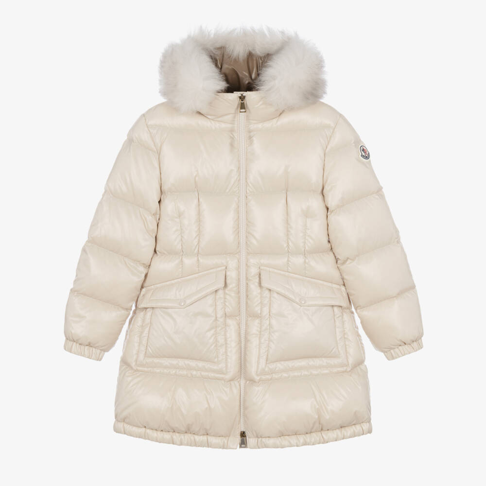 Moncler Enfant-Girls Beige Shearling-Trimmed Hooded Down Coat | Childrensalon