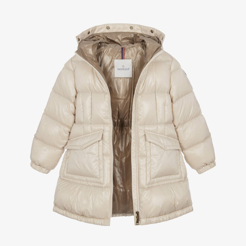 Moncler Enfant-Girls Beige Shearling-Trimmed Hooded Down Coat | Childrensalon