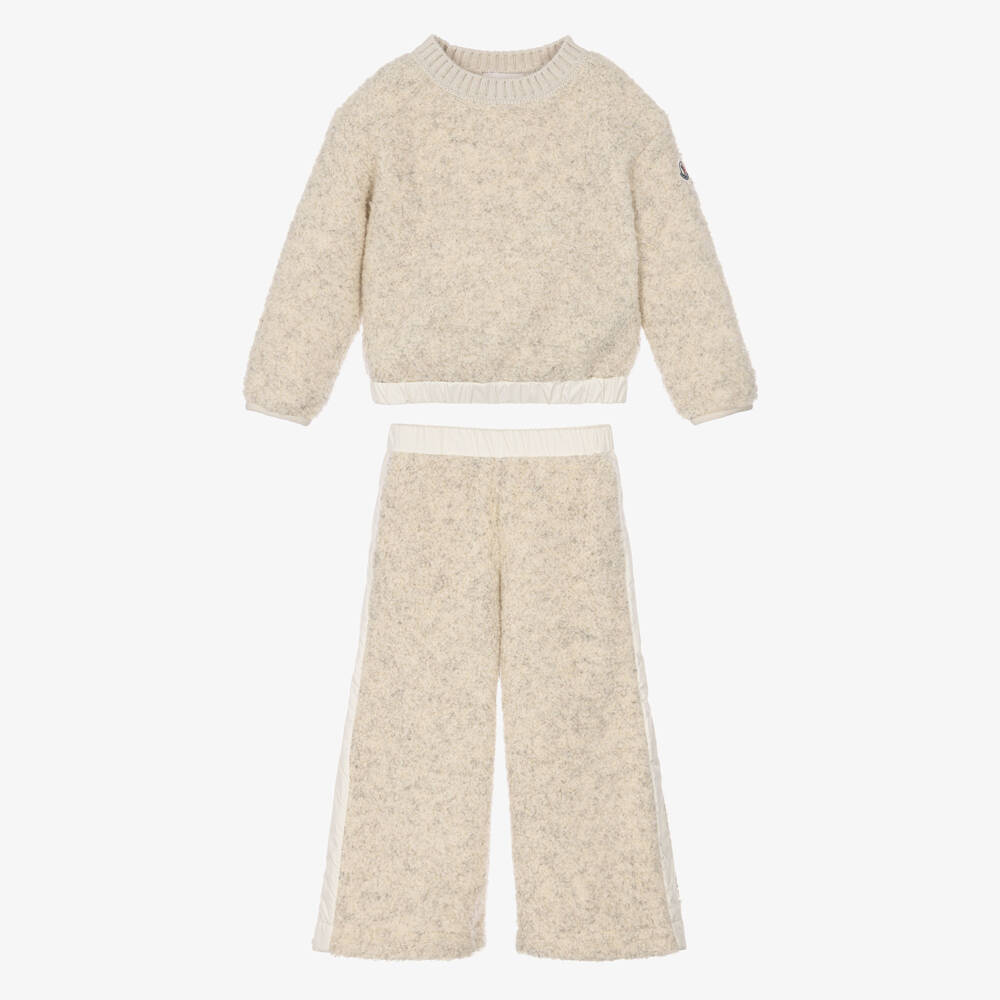 Moncler Enfant-Girls Beige Teddy Fleece Wide Leg Trouser Set | Childrensalon