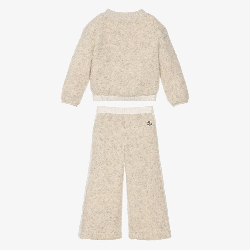 Moncler Enfant-Girls Beige Teddy Fleece Wide Leg Trouser Set | Childrensalon
