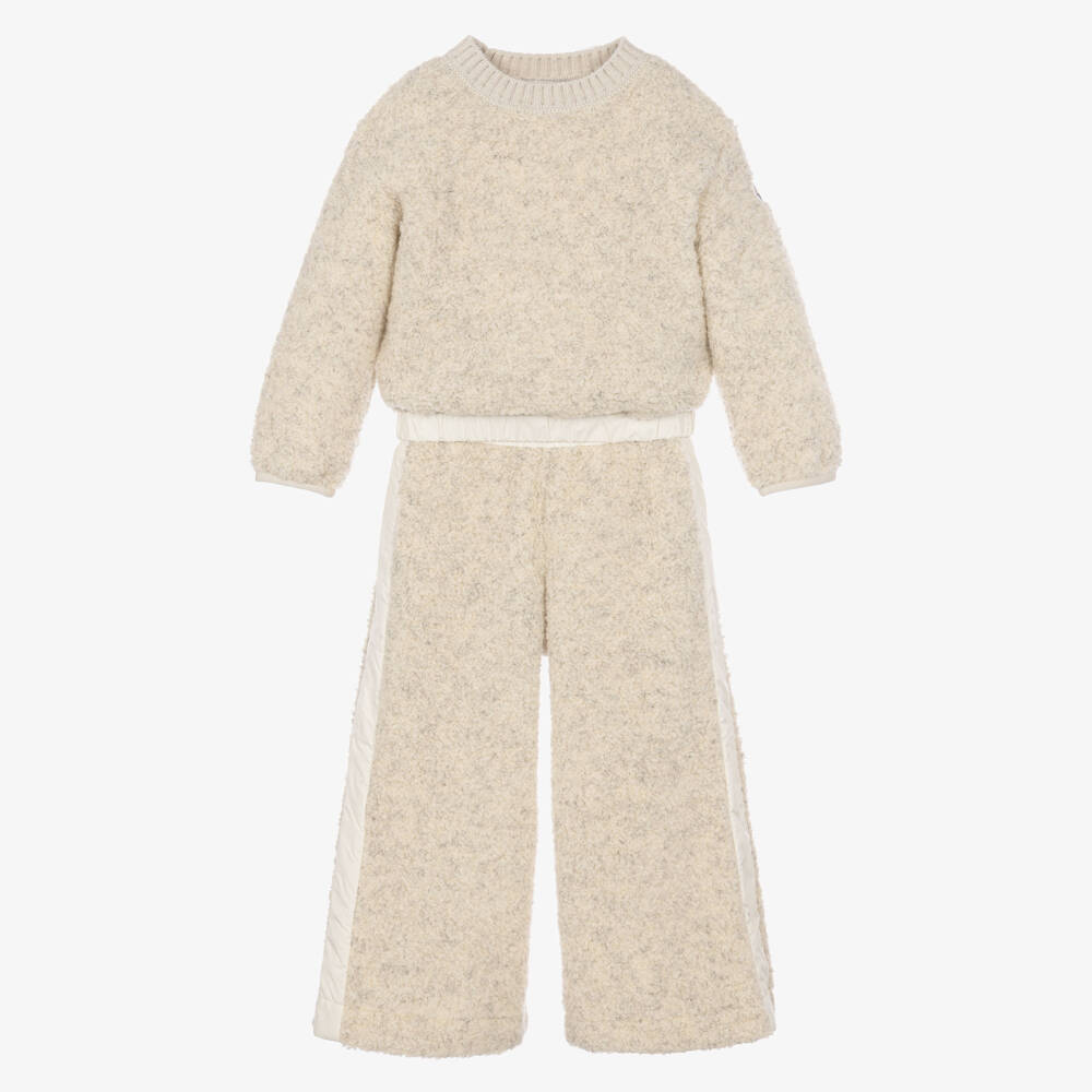 Moncler Enfant-Girls Beige Teddy Fleece Wide Leg Trouser Set | Childrensalon