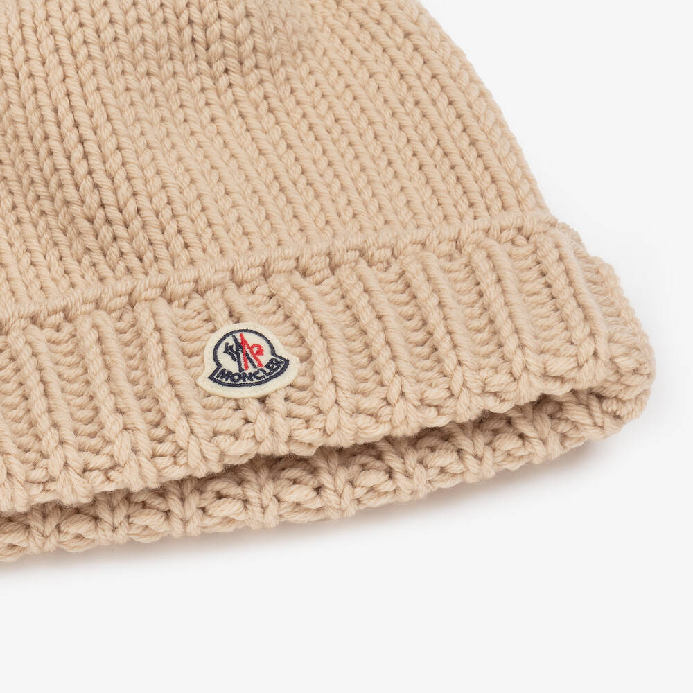 Moncler Enfant-Girls Beige Wool Knit Beanie Hat | Childrensalon