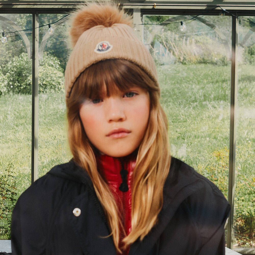 Moncler Enfant Girls Wool Knit Beanie Hat in Purple