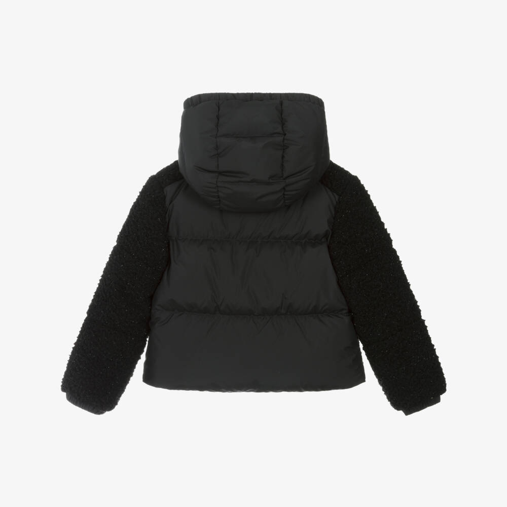 Moncler Enfant-Куртка пуховая черная из атласа и блестящего флиса для девочек | Childrensalon
