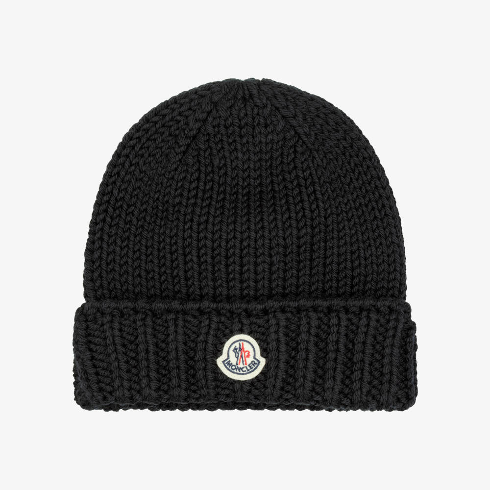 Moncler Enfant-Girls Black Wool Knit Beanie Hat | Childrensalon