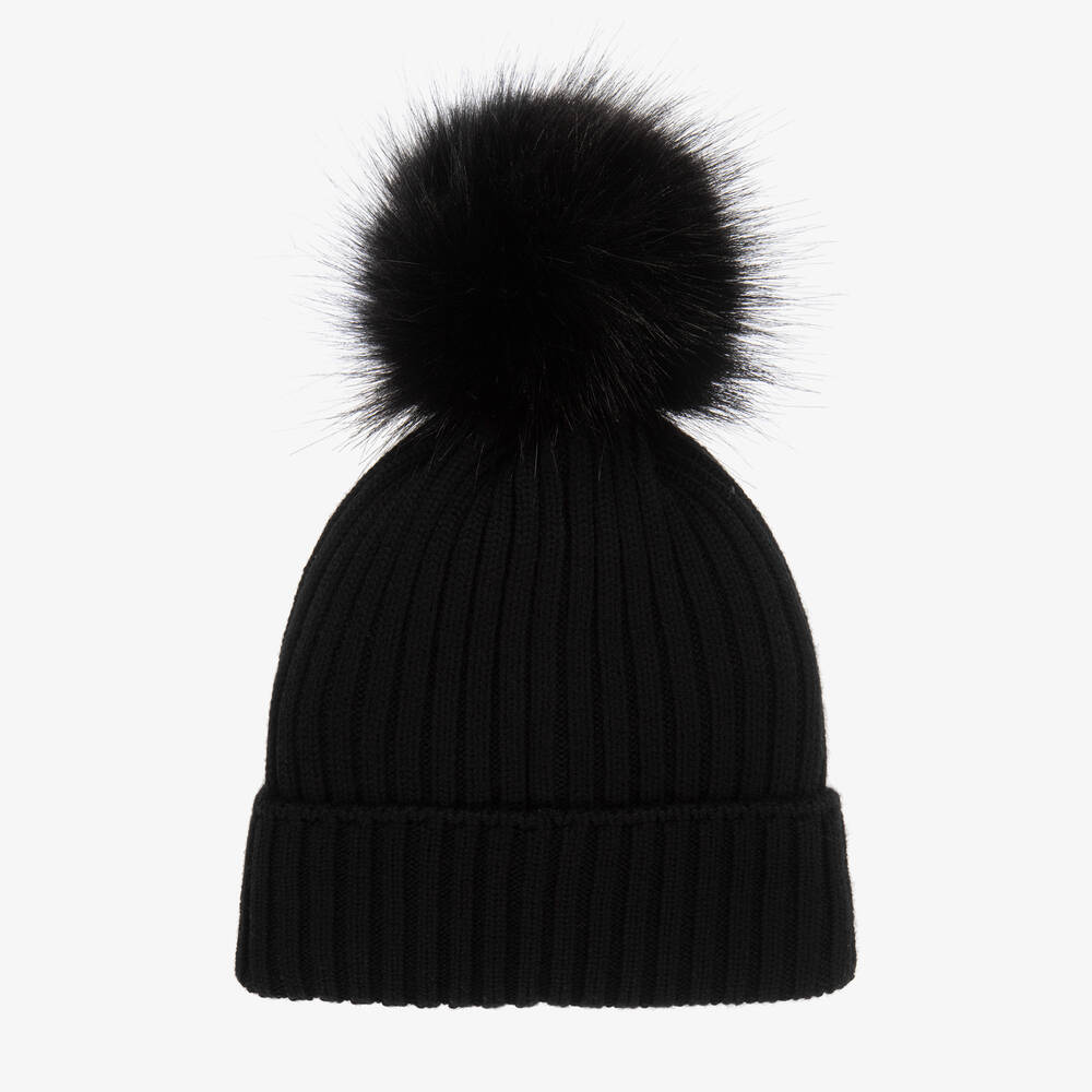 Moncler Enfant-Girls Black Wool Pom-Pom Hat | Childrensalon