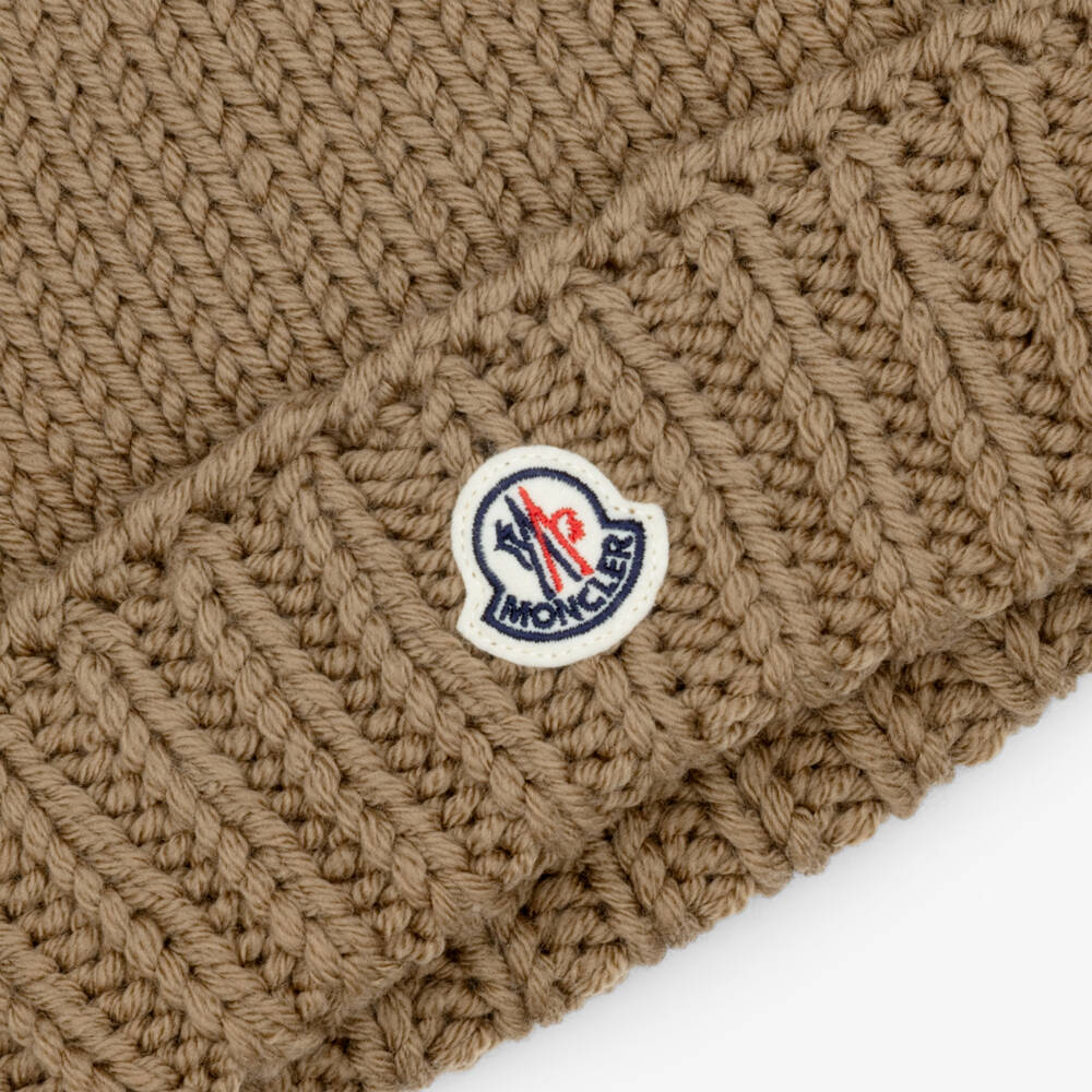 Moncler Enfant-Girls Camel Beige Wool Knit Beanie Hat | Childrensalon