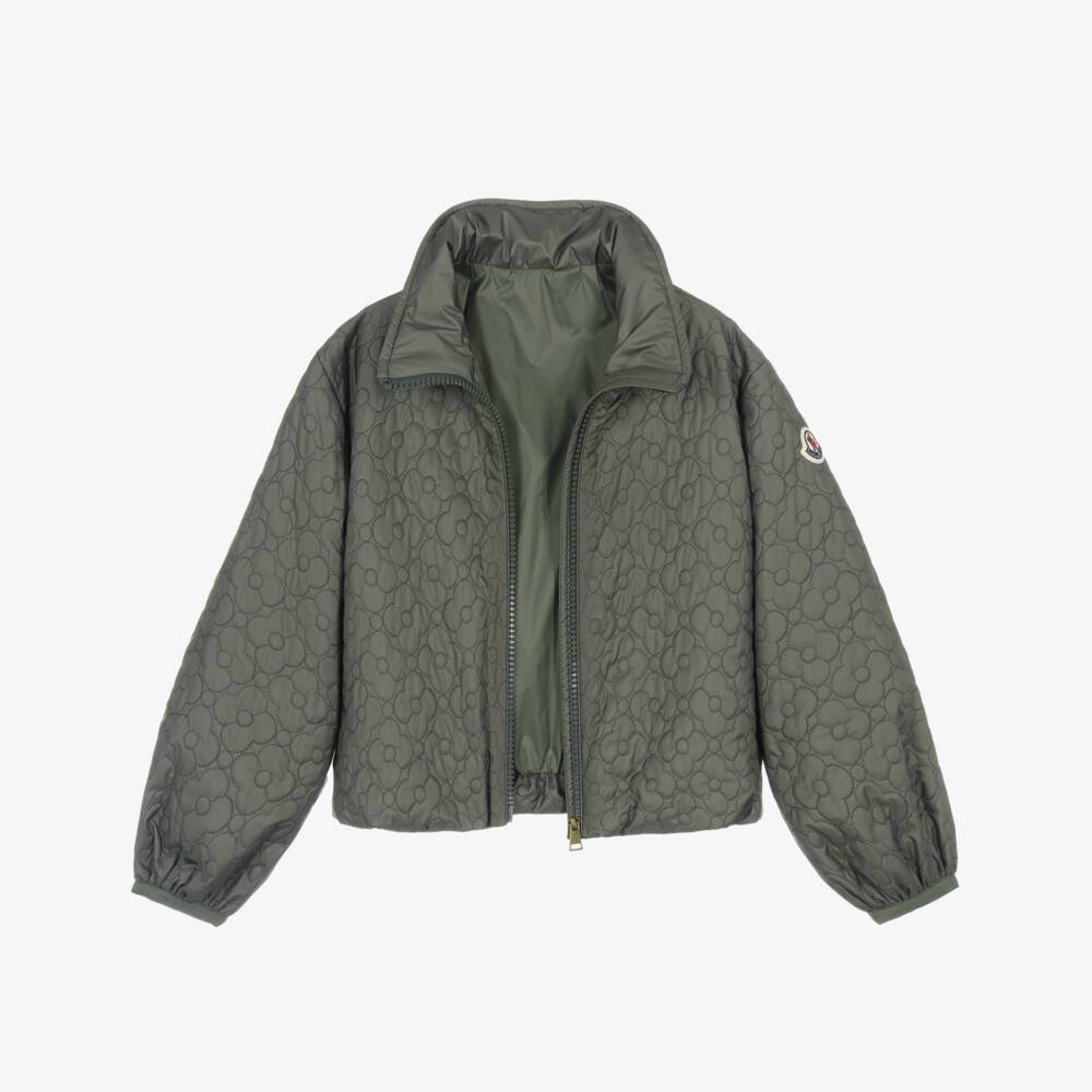 Moncler Enfant-جاكيت مبطن ومزين بورود لون أخضر للبنات | Childrensalon