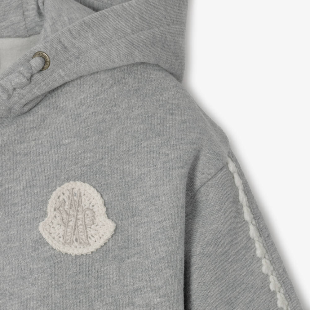 Moncler Enfant-Girls Grey Hooded Zip-Up with Crochet Trim | Childrensalon