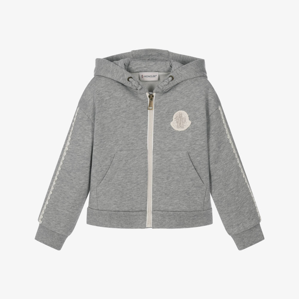 Moncler Enfant-Girls Grey Hooded Zip-Up with Crochet Trim | Childrensalon