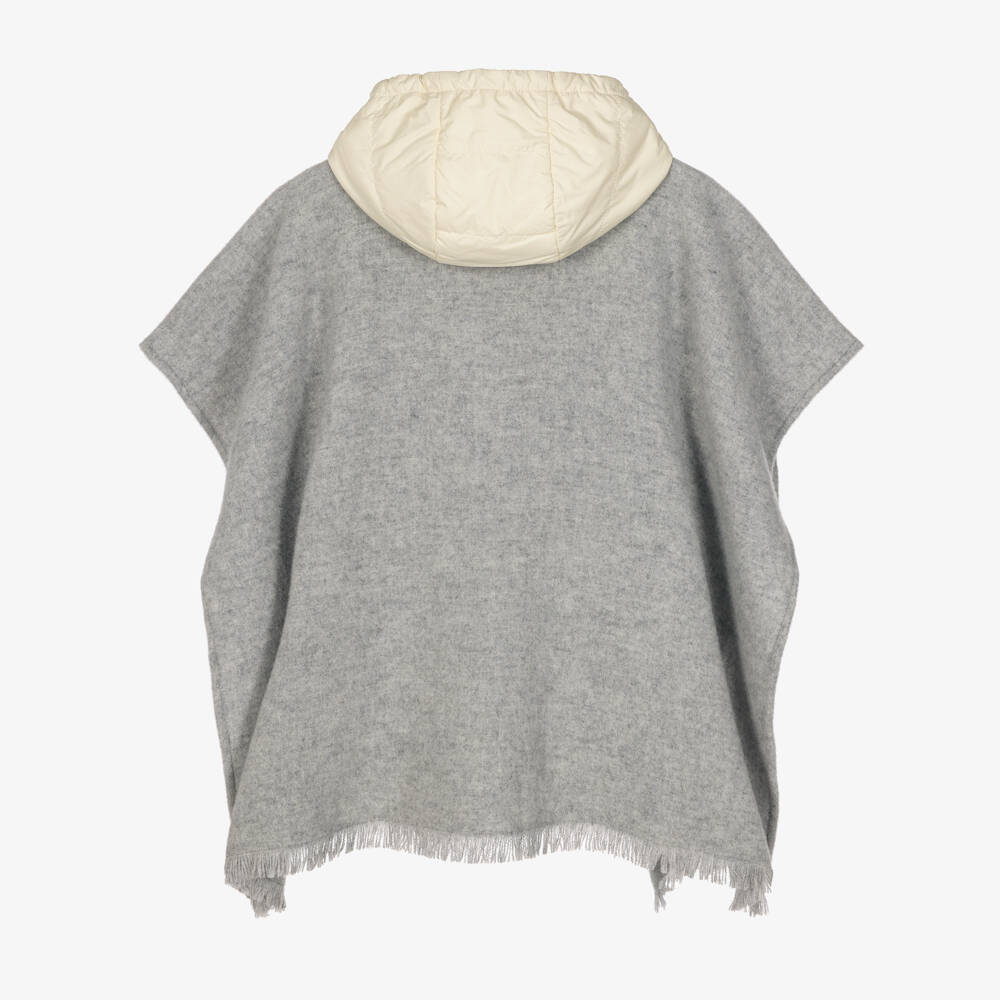Moncler Enfant-Girls Grey Wool Hooded Cape with Tie Belt | Childrensalon