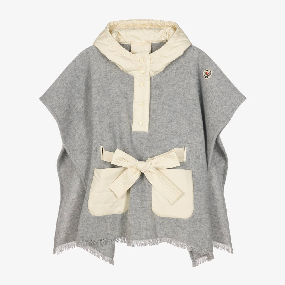 Moncler Enfant-Girls Grey Wool Hooded Cape with Tie Belt | Childrensalon