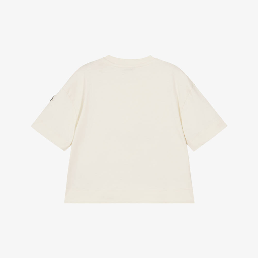 Moncler Enfant-Girls Ivory Cotton T-Shirt with Floral Embroidery | Childrensalon