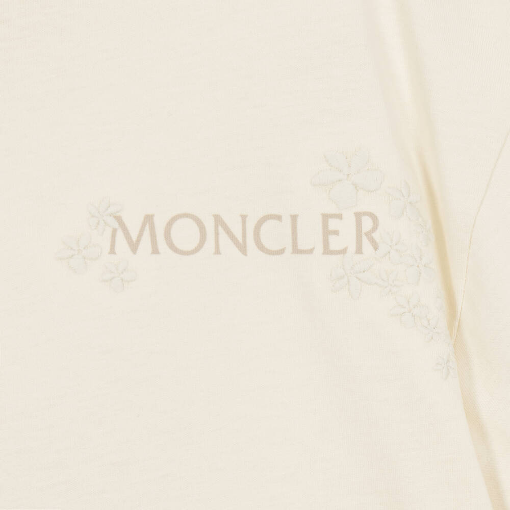 Moncler Enfant-Girls Ivory Cotton T-Shirt with Floral Embroidery | Childrensalon