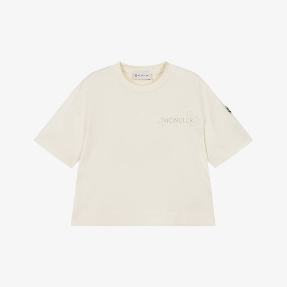 Moncler Enfant-Girls Ivory Cotton T-Shirt with Floral Embroidery | Childrensalon