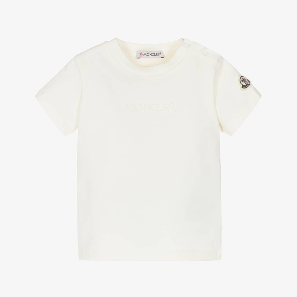 Moncler Enfant-Girls Ivory Cotton T-Shirt with Tonal Embroidered Logo | Childrensalon