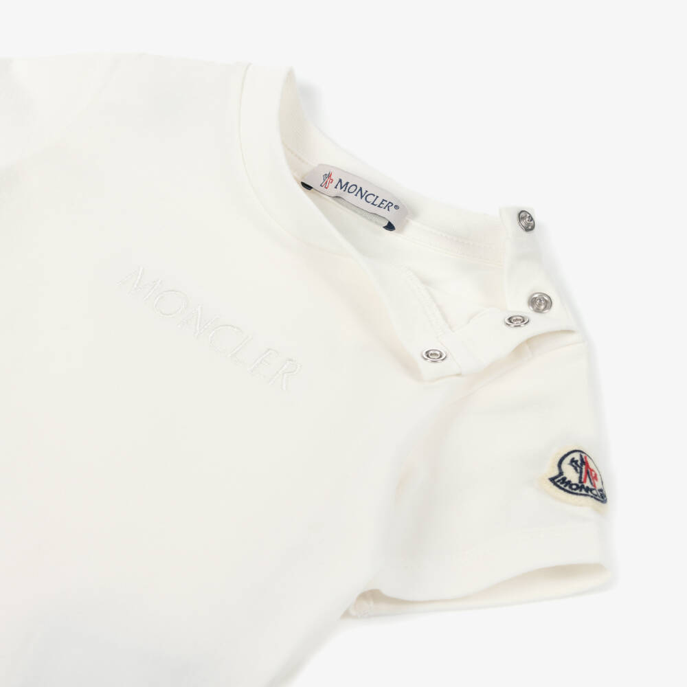 Moncler Enfant-Girls Ivory Cotton T-Shirt with Tonal Embroidered Logo | Childrensalon