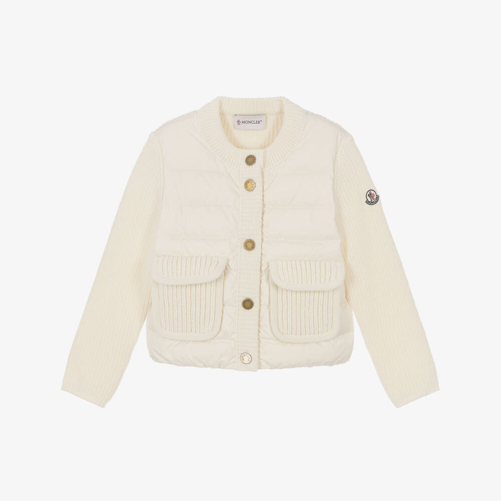 Moncler Enfant-Girls Ivory Down Padded & Wool Knit Cardigan  | Childrensalon
