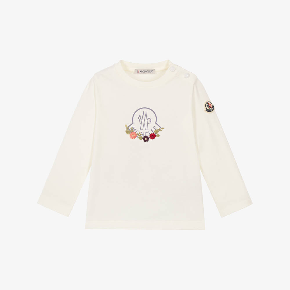 Moncler Enfant-Girls Ivory Floral Logo Long Sleeve Top | Childrensalon