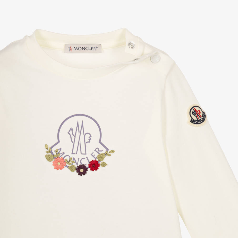 Moncler Enfant-Girls Ivory Floral Logo Long Sleeve Top | Childrensalon
