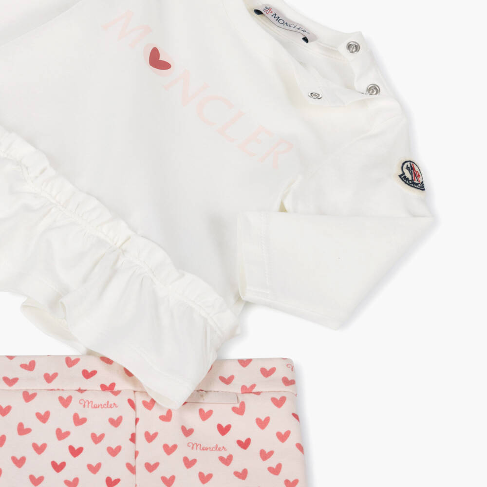 Moncler Enfant-Girls Ivory & Pink Cotton Heart Leggings Set | Childrensalon