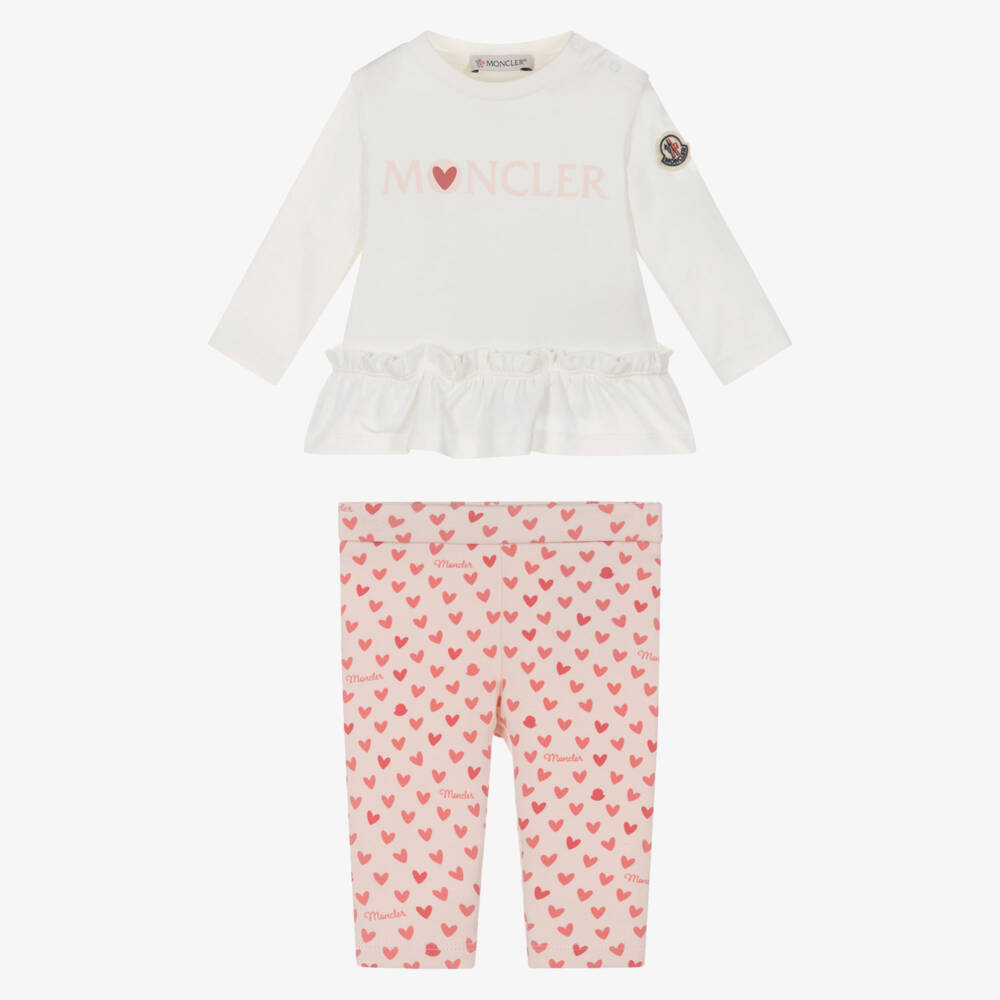 Moncler Enfant-Girls Ivory & Pink Cotton Heart Leggings Set | Childrensalon