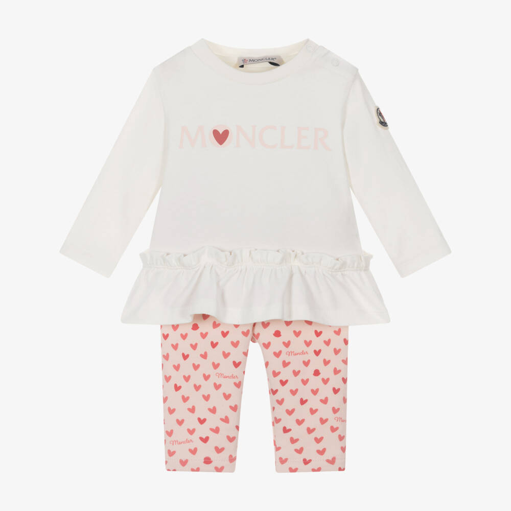 Moncler Enfant-Girls Ivory & Pink Cotton Heart Leggings Set | Childrensalon