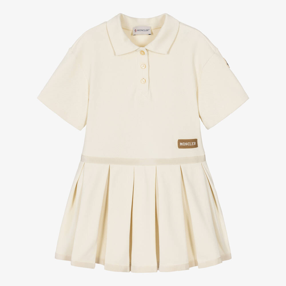 Moncler Enfant-Girls Ivory Piqué Jersey Pleated Polo Dress | Childrensalon