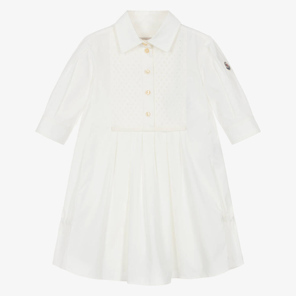 Moncler Enfant-Girls Ivory Shirt Dress with Broderie Panel | Childrensalon